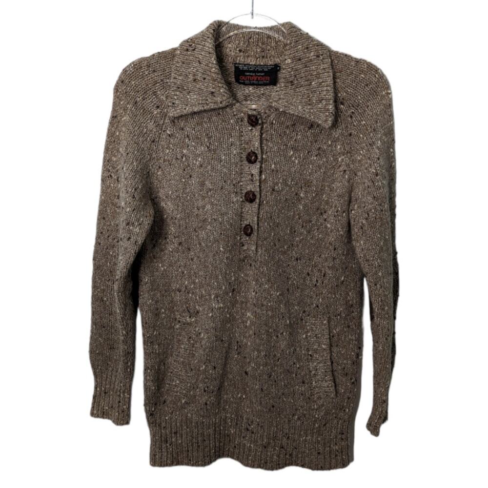 Vintage 80's Speckled Wool Blend Collared Henley Sweater Pockets Elbow Patches